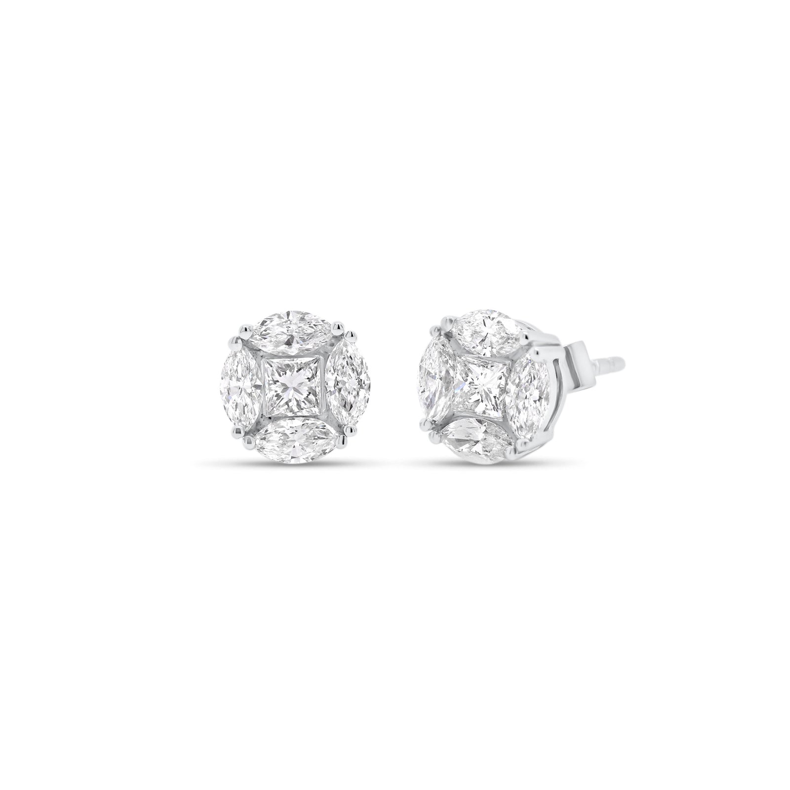 marquise & princess-cut diamond stud earrings - 18K gold weighing 1.84 grams  - 8 marquise-shaped diamonds totaling 0.65 carats  - 2 princess-cut diamonds totaling 0.24 carats