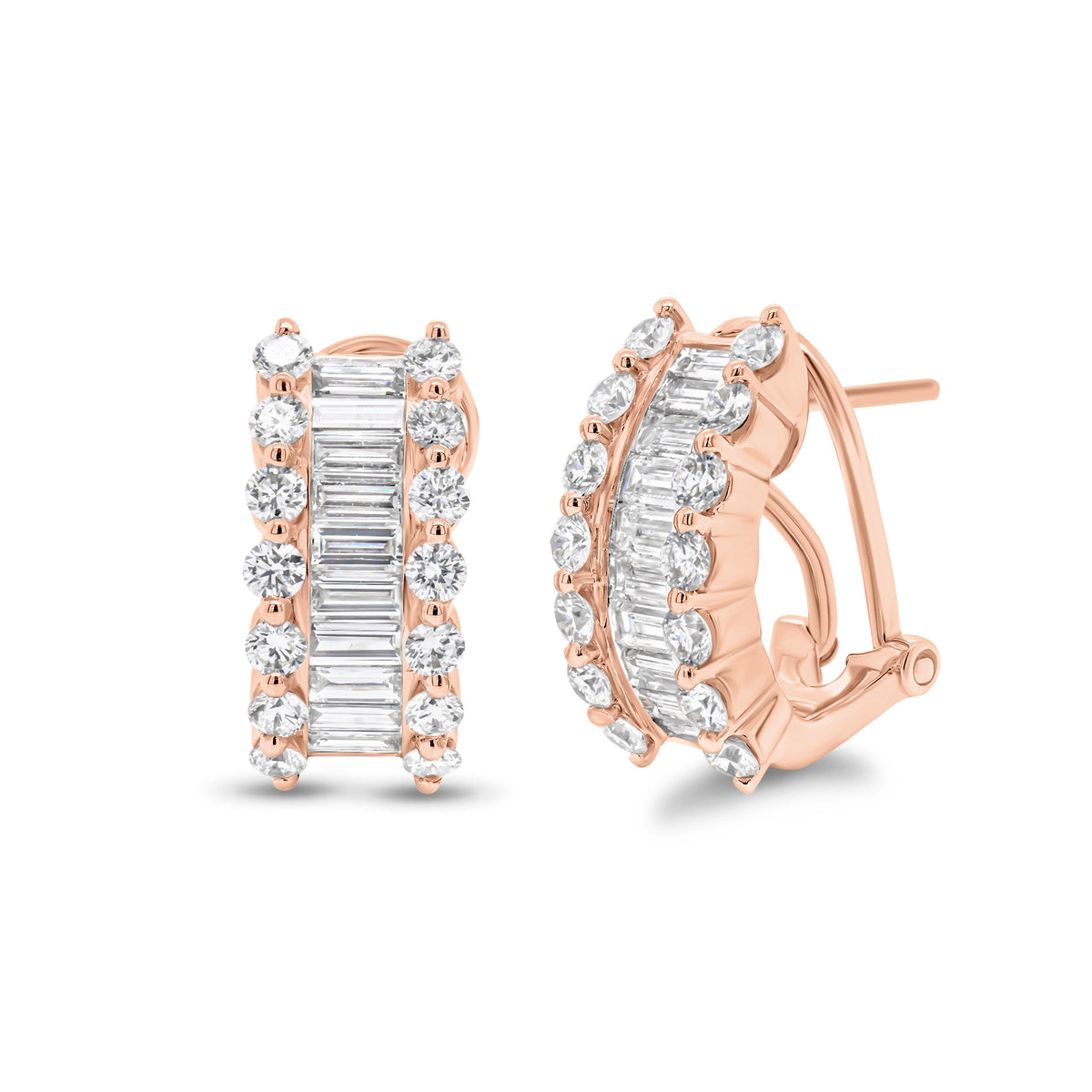 Female model wearing Baguette & Round Diamond Half Hoop Earrings - 18K rose gold weighing 6.87 grams - 28 round diamonds weighing 0.96 carats - 20 baguette diamonds weighing 1.04 carats
