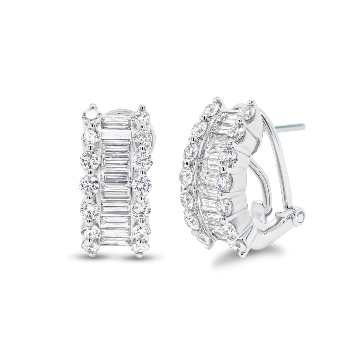 Baguette & Round Diamond Half Hoop Earrings - 18K white gold weighing 6.87 grams  - 28 round diamonds weighing 0.96 carats  - 20 baguette diamonds weighing 1.04 carats