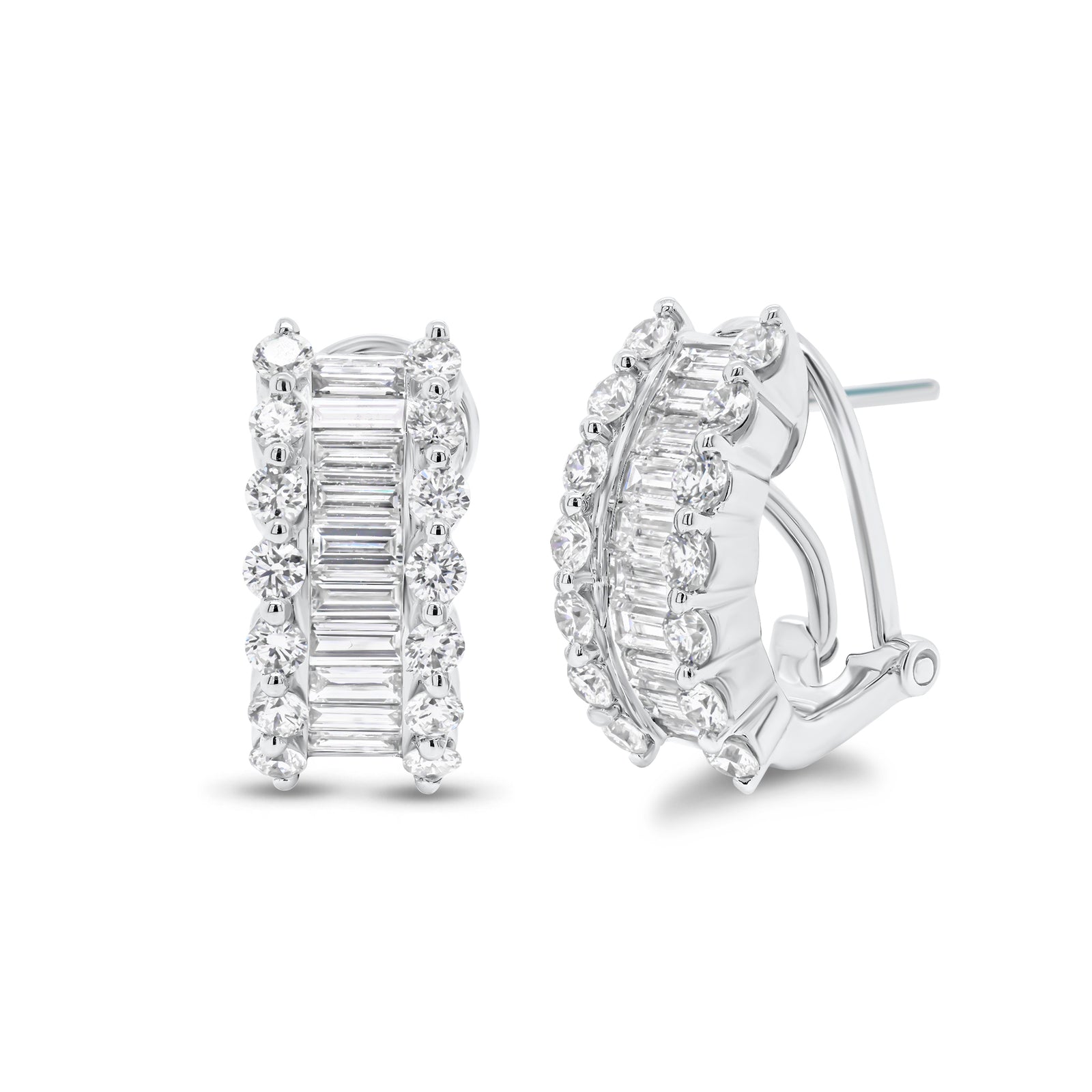 Baguette & Round Diamond Half Hoop Earrings - 18K white gold weighing 6.87 grams  - 28 round diamonds weighing 0.96 carats  - 20 baguette diamonds weighing 1.04 carats