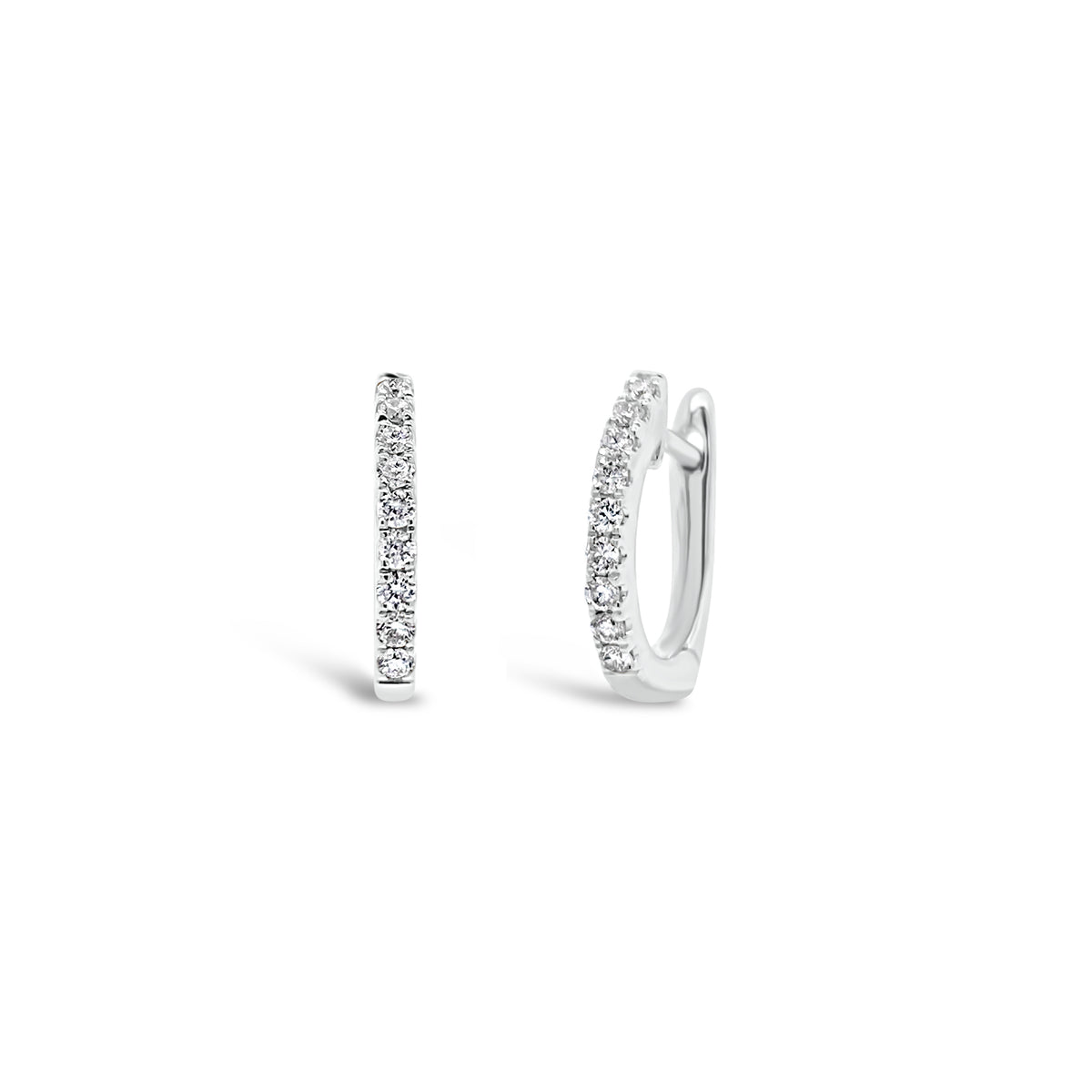 Diamond Small Huggie Earrings -14K white gold weighing 1.24 grams  -18 round diamonds totaling 0.12 carats