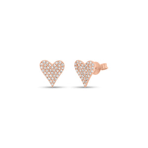 Pave Diamond Heart Stud Earrings - 14K rose gold weighing 1.10 grams - 76 round diamonds totaling 0.19 carats