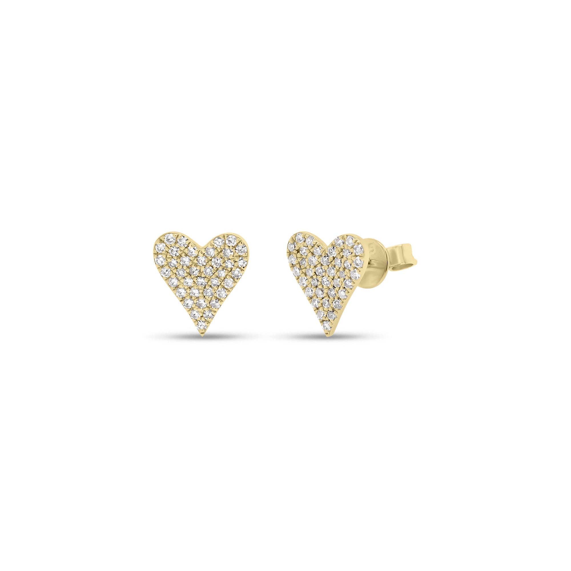 Pave Diamond Heart Stud Earrings - 14K yellow gold weighing 1.10 grams  - 76 round diamonds totaling 0.19 carats