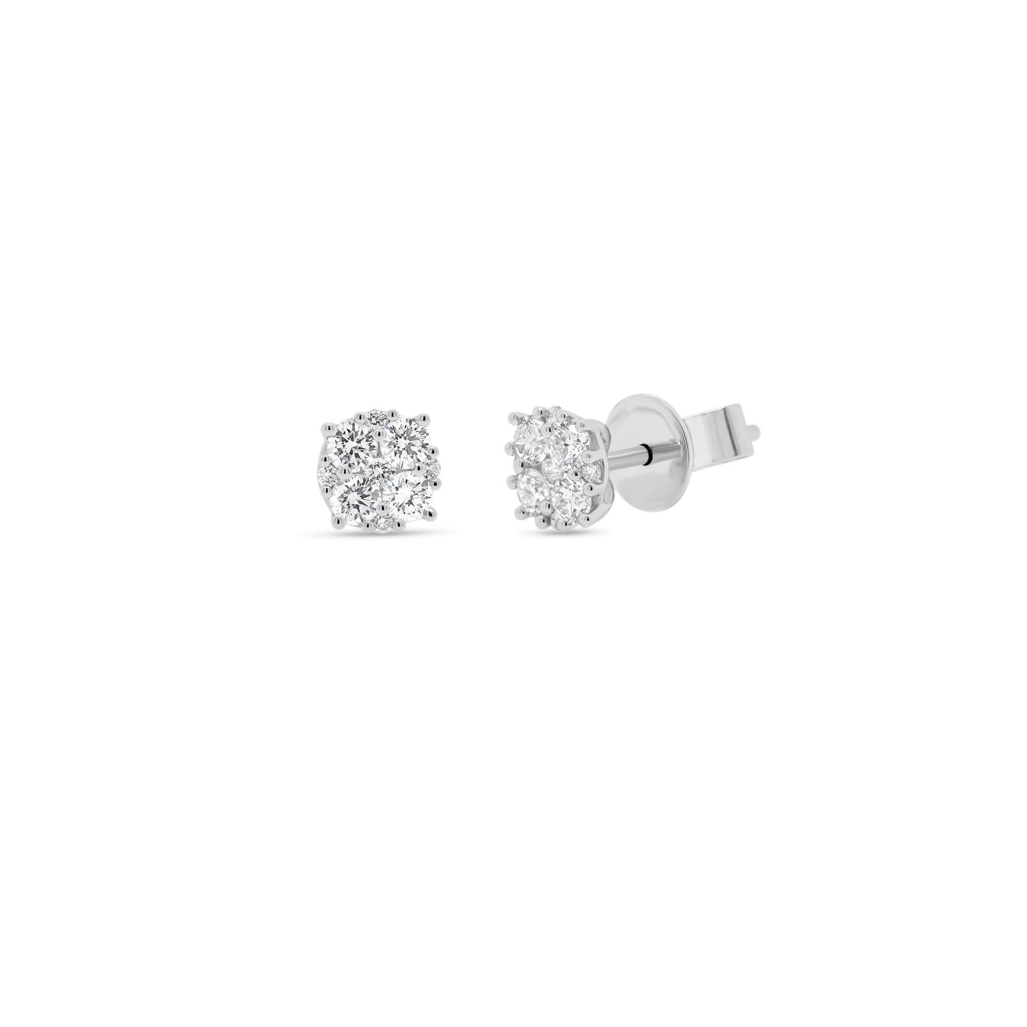 Small Diamond Cluster Stud Earrings - 18K white gold weighing 1.37 grams - 18 round diamonds totaling 0.42 carats