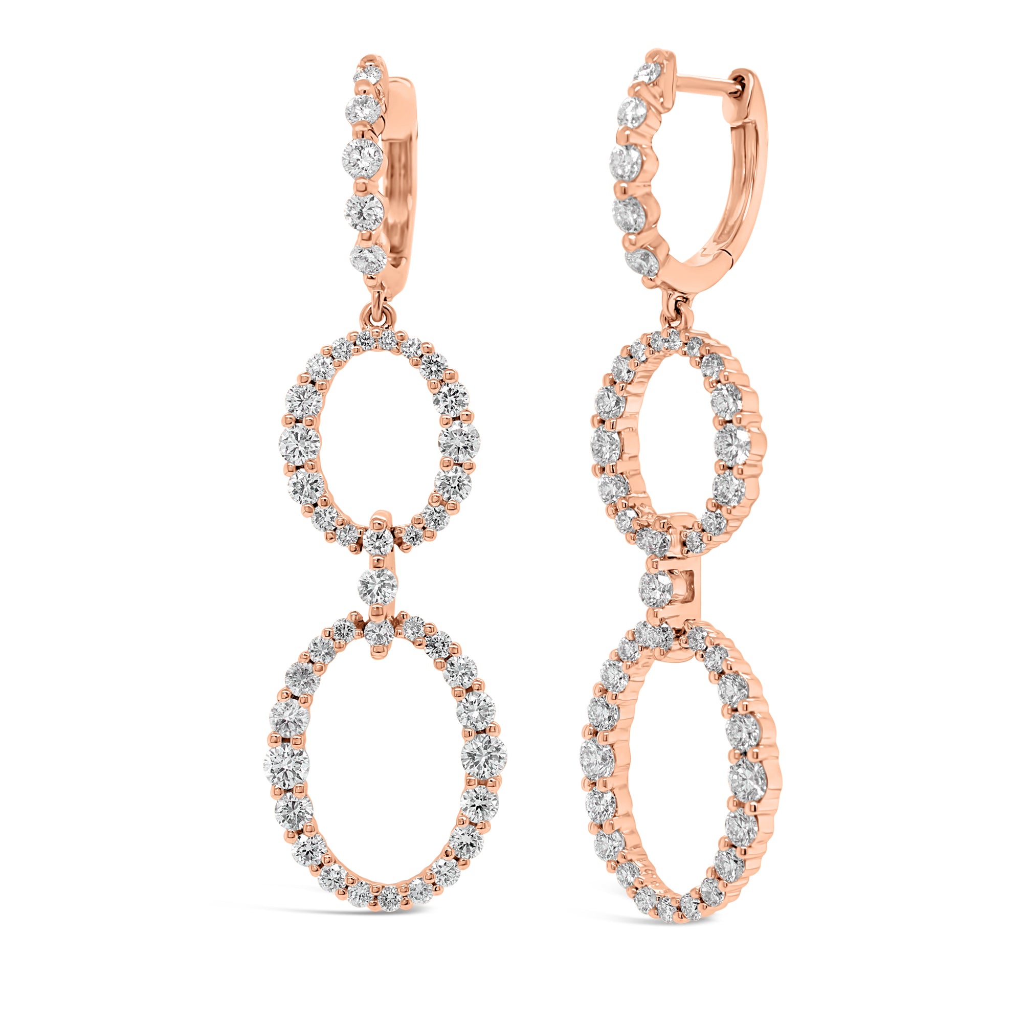 Prong-Set Diamond Oval Dangle Earrings  - 18K gold weighing 5.63 grams  - 86 round diamonds totaling 1.84 carats