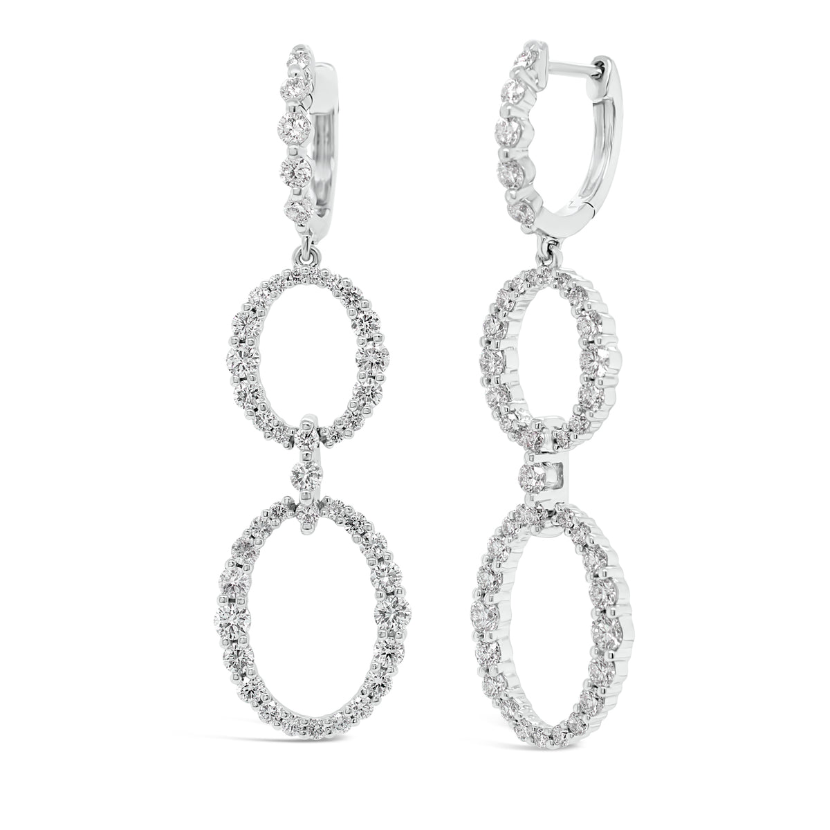 Prong-Set Diamond Oval Dangle Earrings  - 18K gold weighing 5.63 grams  - 86 round diamonds totaling 1.84 carats