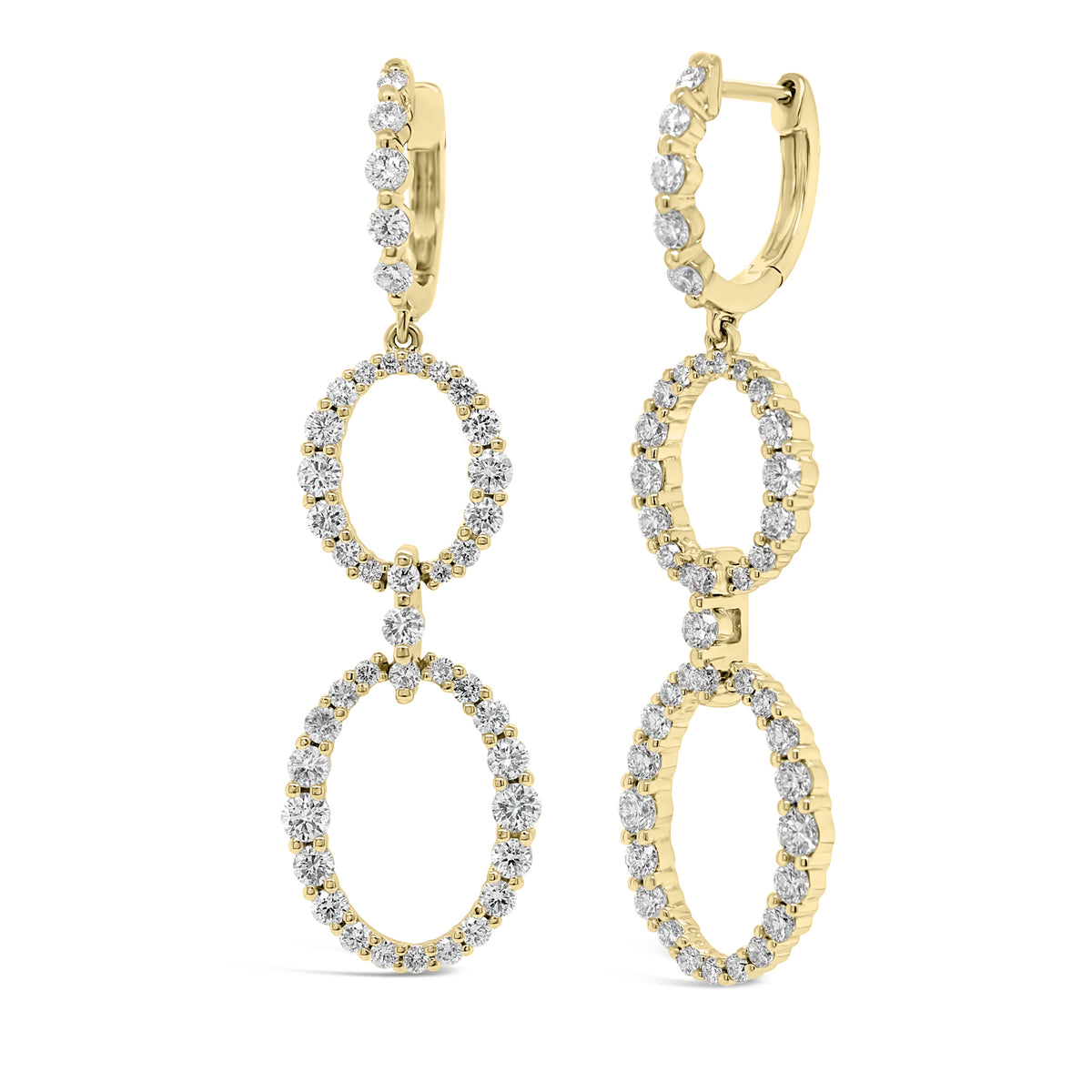 Prong-Set Diamond Oval Dangle Earrings  - 18K gold weighing 5.63 grams  - 86 round diamonds totaling 1.84 carats