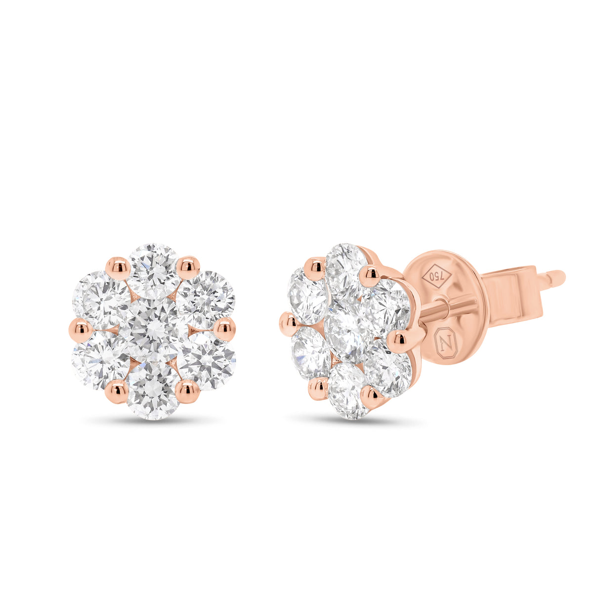 1.06 ct Diamond Cluster Stud Earrings - 18K rose gold weighing 1.87 grams - 2 round diamonds weighing 0.22 carats - 12 round diamonds weighing 0.84 carats