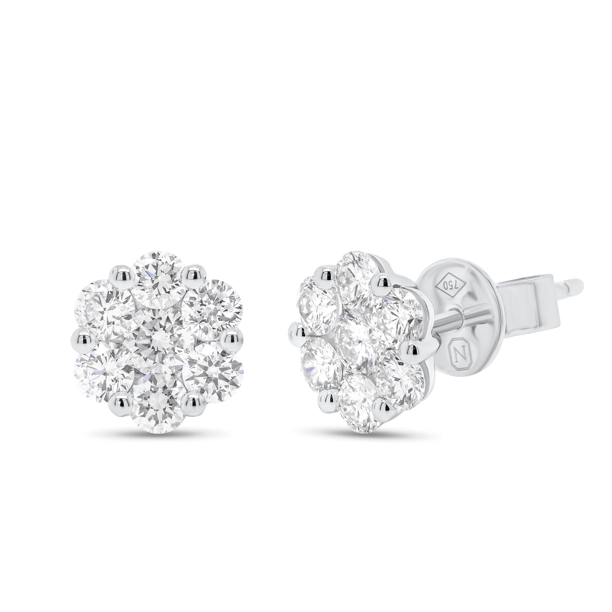 1.06 ct Diamond Cluster Stud Earrings - 18K white gold weighing 1.87 grams  - 2 round diamonds weighing 0.22 carats  - 12 round diamonds weighing 0.84 carats