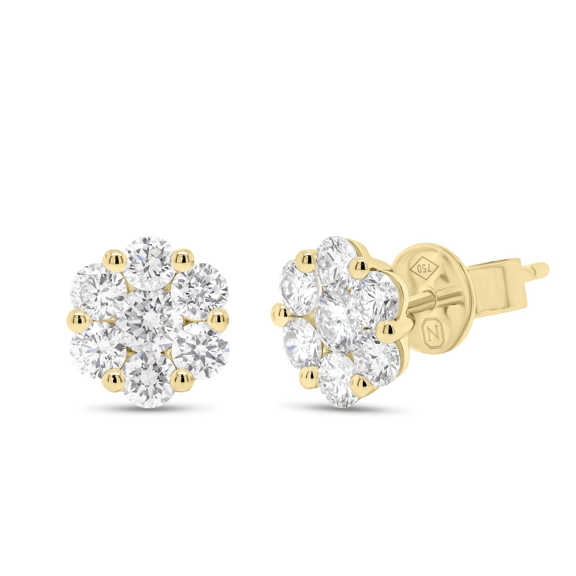 1.06 ct Diamond Cluster Stud Earrings - 18K yellow gold weighing 1.87 grams - 2 round diamonds weighing 0.22 carats - 12 round diamonds weighing 0.84 carats