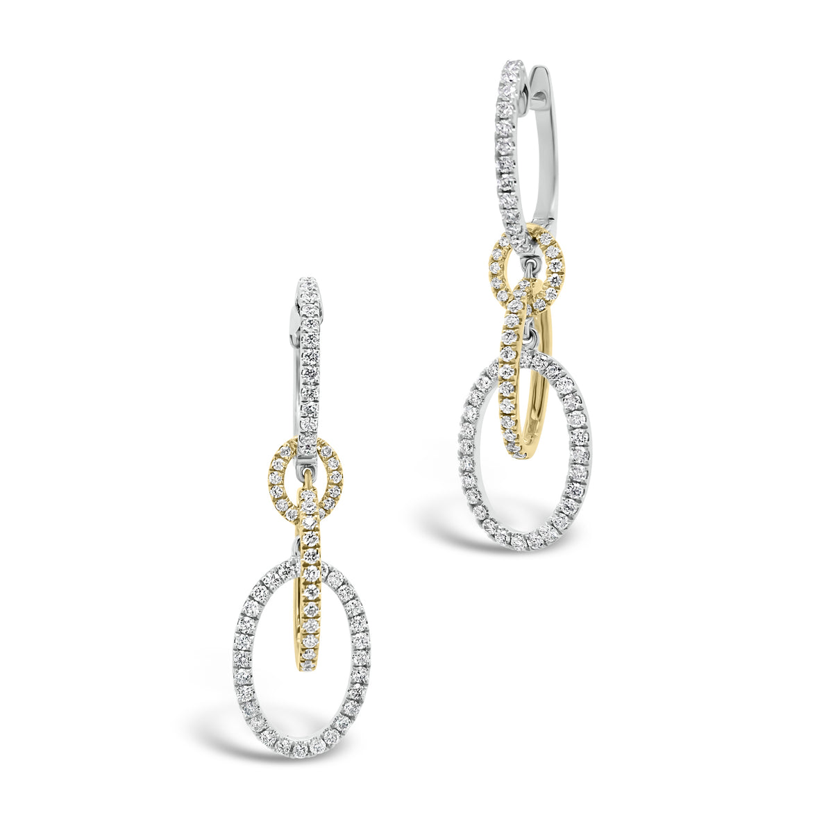 Diamond Two-Tone Dangle Earrings   -18K gold weighing 4.09 grams  -134 round diamonds totaling 0.69 carats