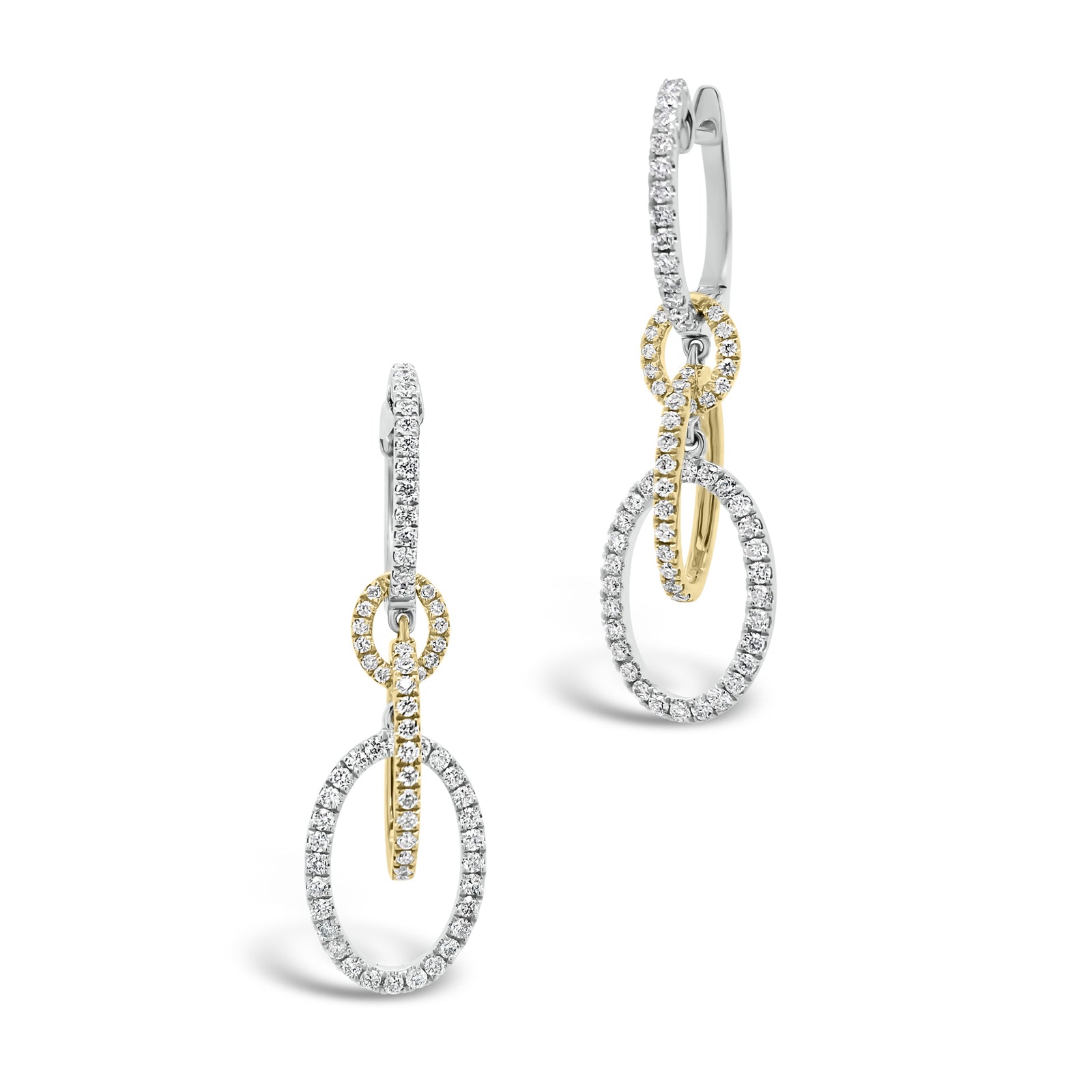 Diamond Two-Tone Dangle Earrings   -18K gold weighing 4.09 grams  -134 round diamonds totaling 0.69 carats