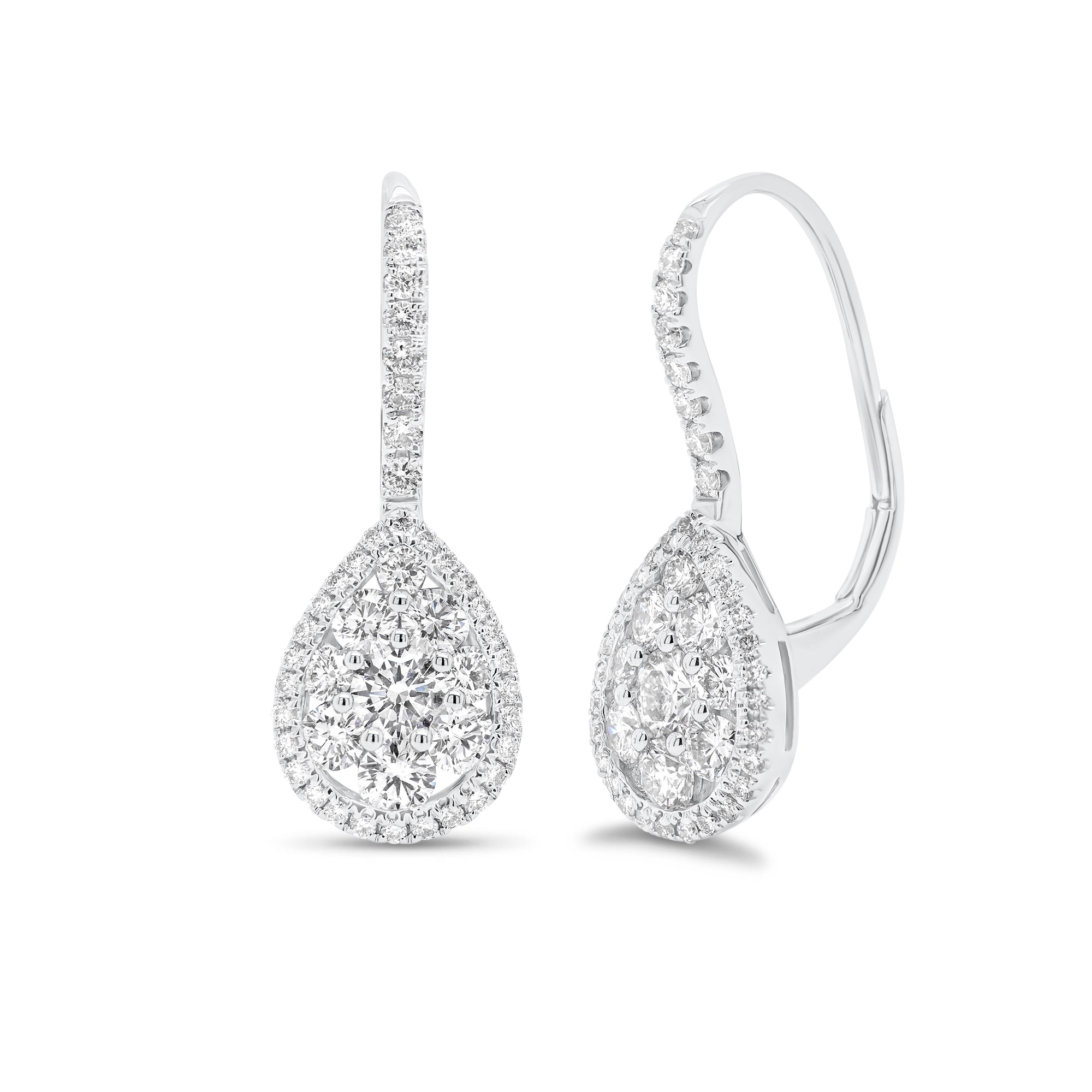 Diamond Teardrop Lever-Back Earrings - 18K gold weighing 3.27 grams  - 2 round diamonds weighing 0.28 carats  - 88 round diamonds weighing 1.0 carats