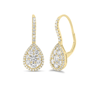 Diamond Teardrop Lever-Back Earrings - 18K gold weighing 3.27 grams - 2 round diamonds weighing 0.28 carats - 88 round diamonds weighing 1.0 carats