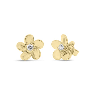 Diamond & gold blossom stud earrings- 14K gold  - 0.17 cts round diamonds