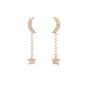 Diamond Crescent Moon & Star Dangle Earrings - 14K rose gold weighing 1.51 grams - 38 round diamonds totaling 0.10 carats
