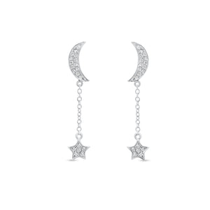 Diamond Crescent Moon & Star Dangle Earrings - 14K white gold weighing 1.51 grams - 38 round diamonds totaling 0.10 carats