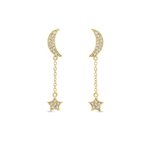 Diamond Crescent Moon & Star Dangle Earrings - 14K yellow gold weighing 1.51 grams - 38 round diamonds totaling 0.10 carats