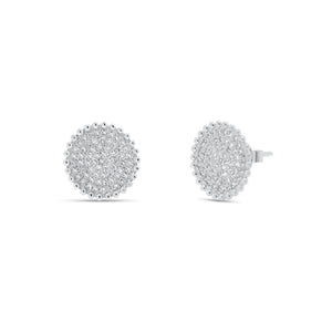 Diamond Button Stud Earrings with Beaded Gold - 14K white gold weighing 1.65 grams - 126 round diamonds totaling 0.33 carats