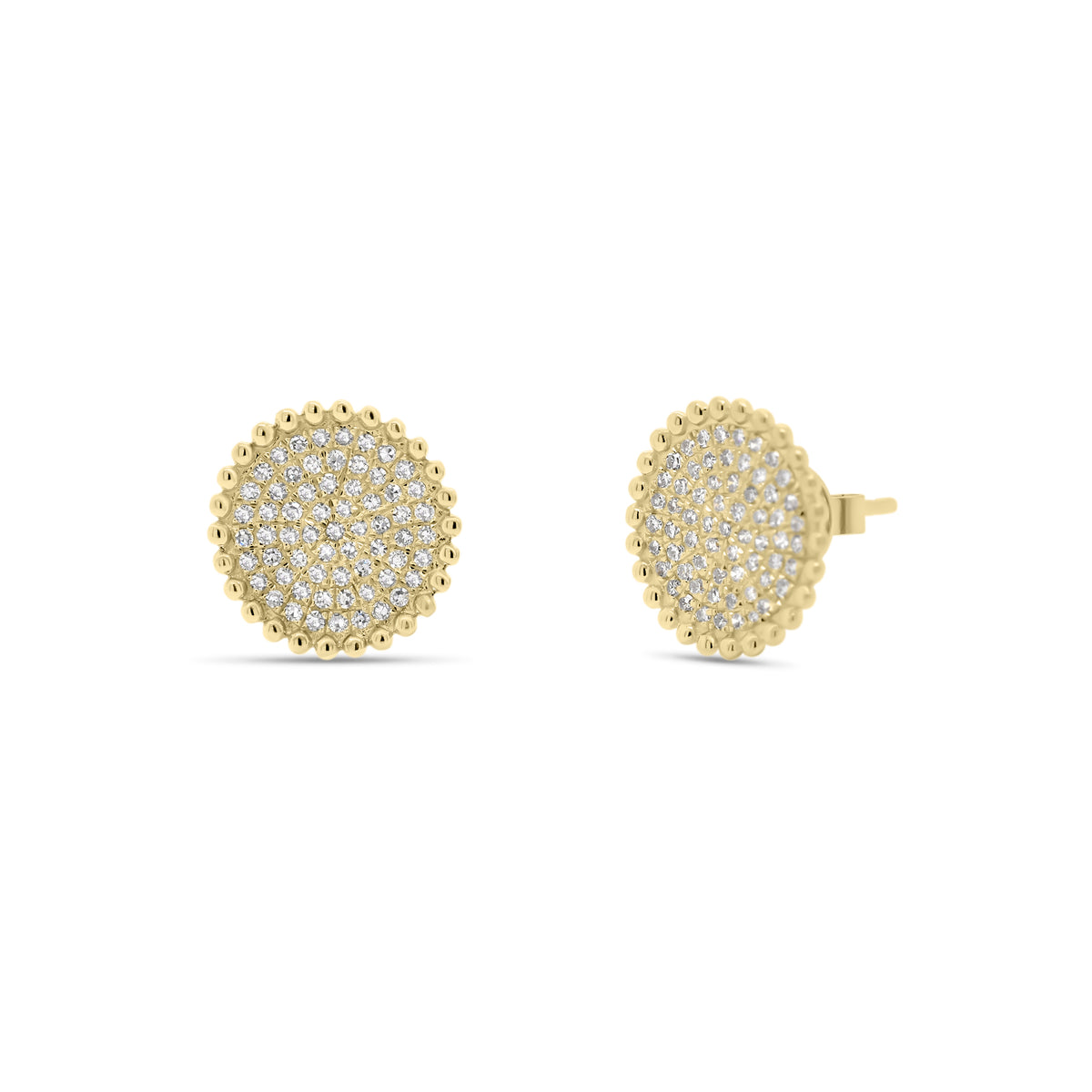 Diamond Button Stud Earrings with Beaded Gold - 14K yellow gold weighing 1.65 grams - 126 round diamonds totaling 0.33 carats