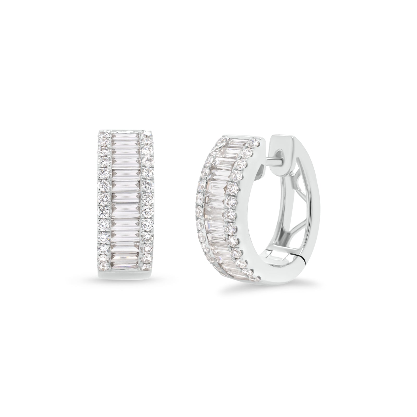 Diamond Baguette Wide Huggie Earrings - 18K gold weighing 5.94 grams  - 52 round diamonds totaling 0.45 carats  - 26 straight baguettes totaling 0.92 carats
