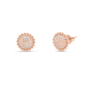 Diamond Layered Circle Stud Earrings with Beaded Gold - 14K rose gold weighing 2.25 grams - 116 round diamonds totaling 0.27 carats