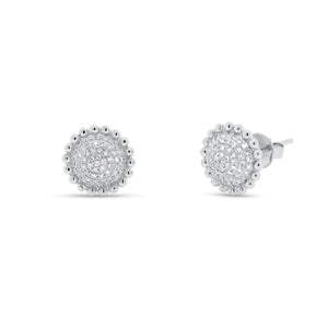 Diamond Layered Circle Stud Earrings with Beaded Gold - 14K white gold weighing 2.25 grams - 116 round diamonds totaling 0.27 carats