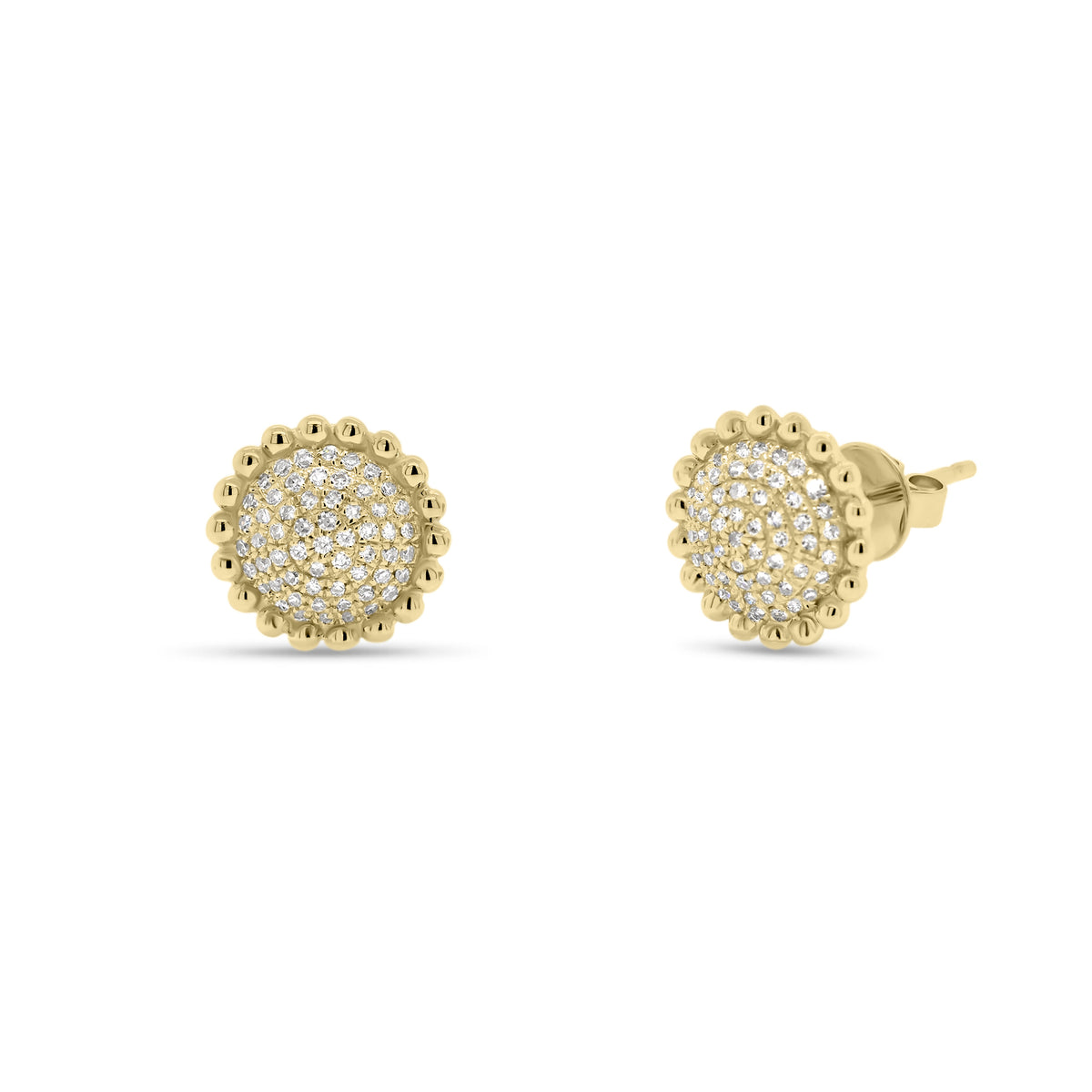 Diamond Layered Circle Stud Earrings with Beaded Gold - 14K yellow gold weighing 2.25 grams - 116 round diamonds totaling 0.27 carats