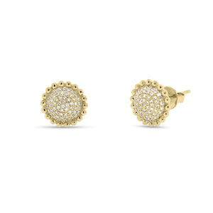 Diamond Layered Circle Stud Earrings with Beaded Gold - 14K yellow gold weighing 2.25 grams - 116 round diamonds totaling 0.27 carats