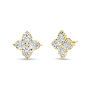 Diamond Flower Stud Earrings with Beaded Gold - 14K yellow gold weighing 2.14 grams - 72 round diamonds totaling 0.36 carats