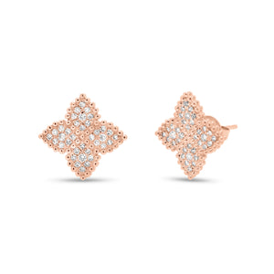 Diamond Flower Stud Earrings with Beaded Gold - 14K rose gold weighing 2.14 grams - 72 round diamonds totaling 0.36 carats