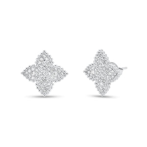 Diamond Flower Stud Earrings with Beaded Gold - 14K white gold weighing 2.14 grams - 72 round diamonds totaling 0.36 carats
