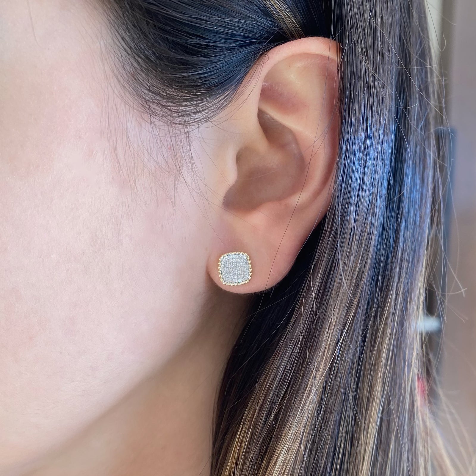 Diamond Cushion-Shaped Stud Earrings with Braided Gold - 14K gold weighing 1.77 grams - 98 round diamonds totaling 0.22 carats.