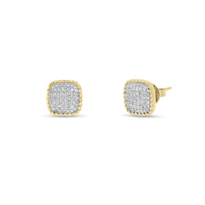 Diamond Cushion-Shaped Stud Earrings with Braided Gold - 14K gold weighing 1.77 grams - 98 round diamonds totaling 0.22 carats.