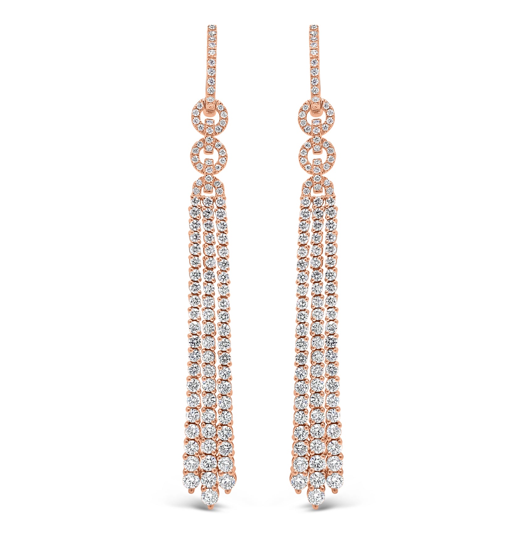 Diamond Double Link Tassel Earrings  - 18K gold weighing 15.87 grams  - 206 round diamonds totaling 4.41 carats