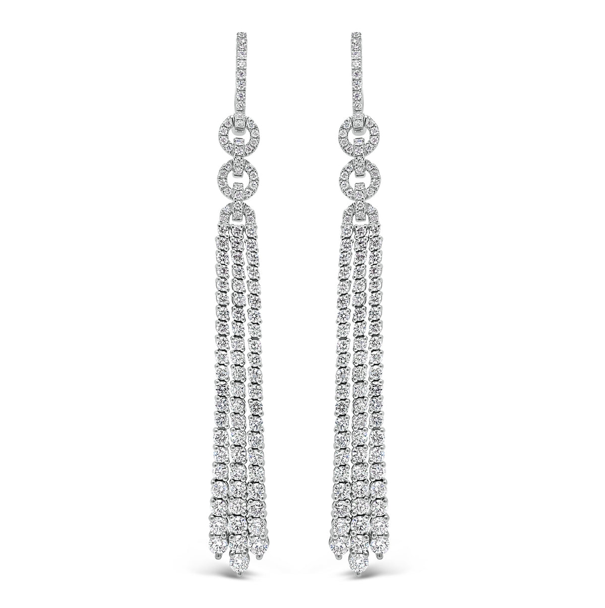 Diamond Double Link Tassel Earrings  - 18K gold weighing 15.87 grams  - 206 round diamonds totaling 4.41 carats