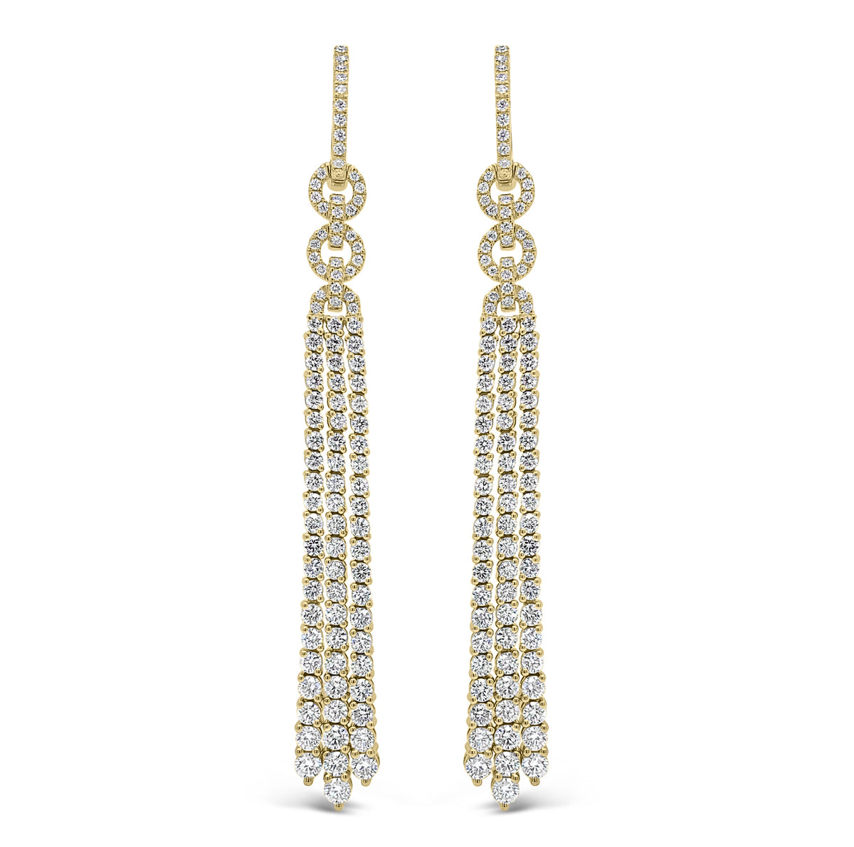 Diamond Double Link Tassel Earrings  - 18K gold weighing 15.87 grams  - 206 round diamonds totaling 4.41 carats