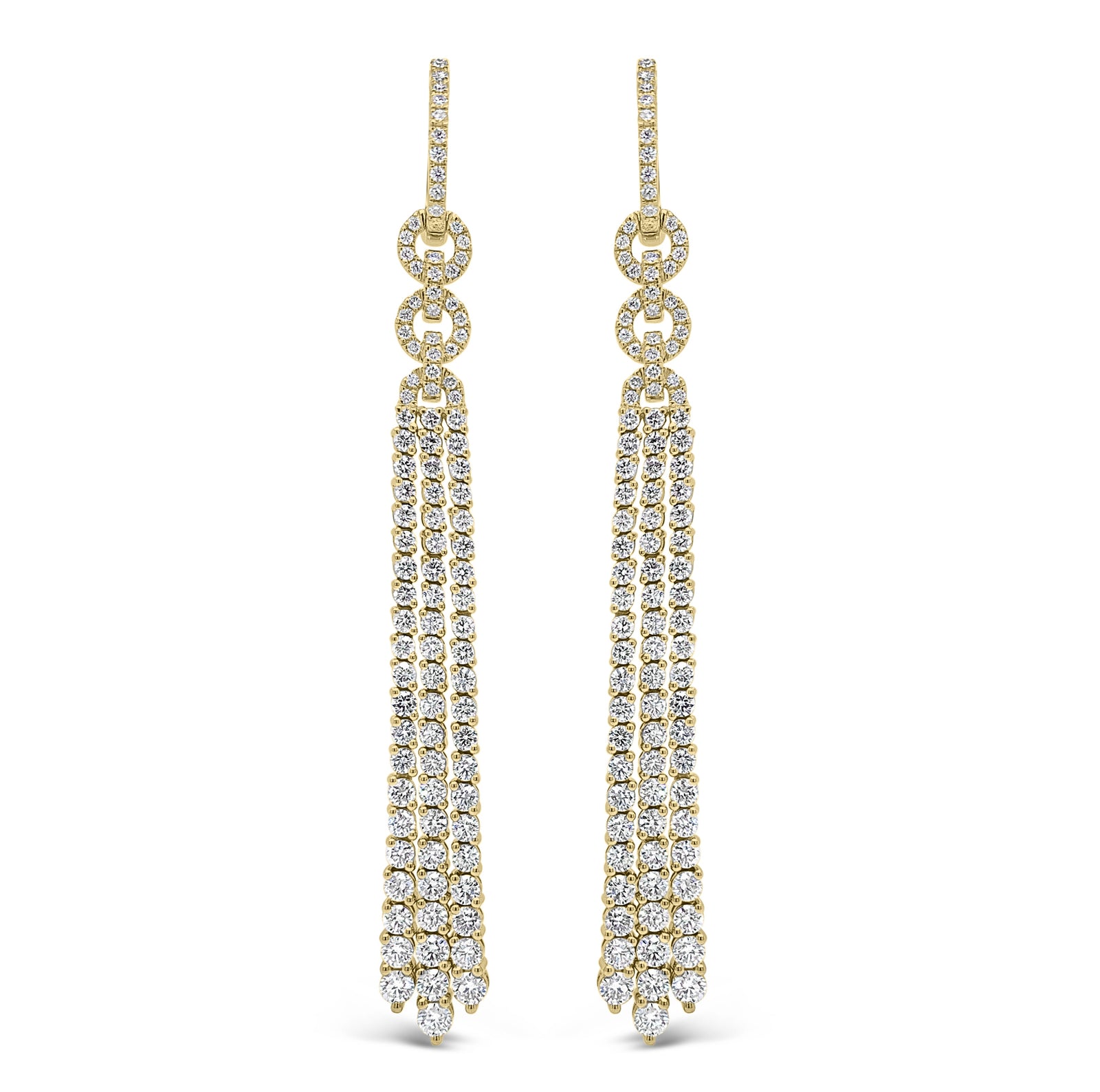 Diamond Double Link Tassel Earrings  - 18K gold weighing 15.87 grams  - 206 round diamonds totaling 4.41 carats