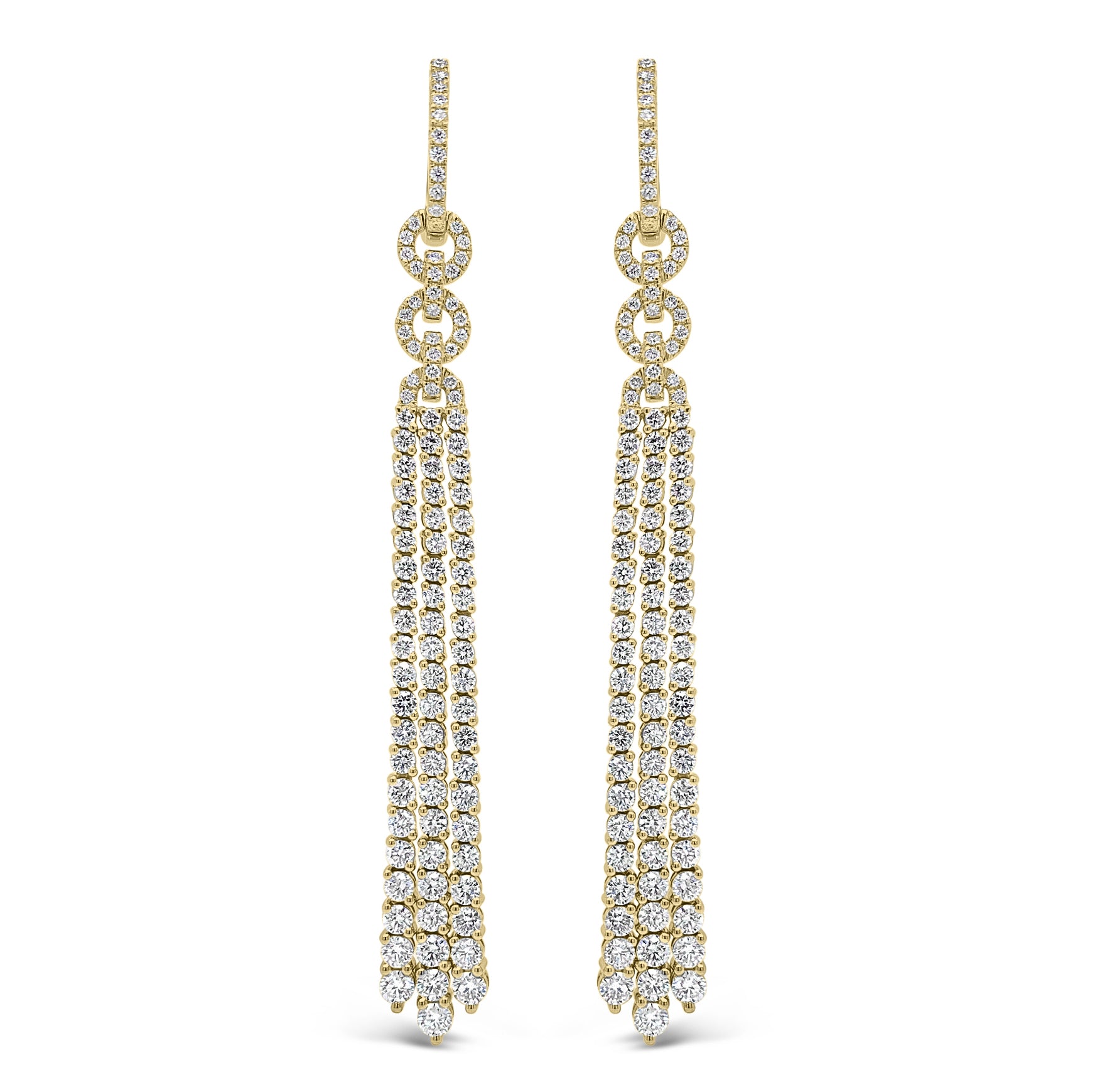 Diamond Double Link Tassel Earrings  - 18K gold weighing 15.87 grams  - 206 round diamonds totaling 4.41 carats