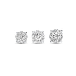 1.02 ct round diamond cluster earrings - 18K white gold weighing 1.88 grams - 2 round diamonds totaling 0.51 carats - 18 round diamonds totaling 0.51 carats