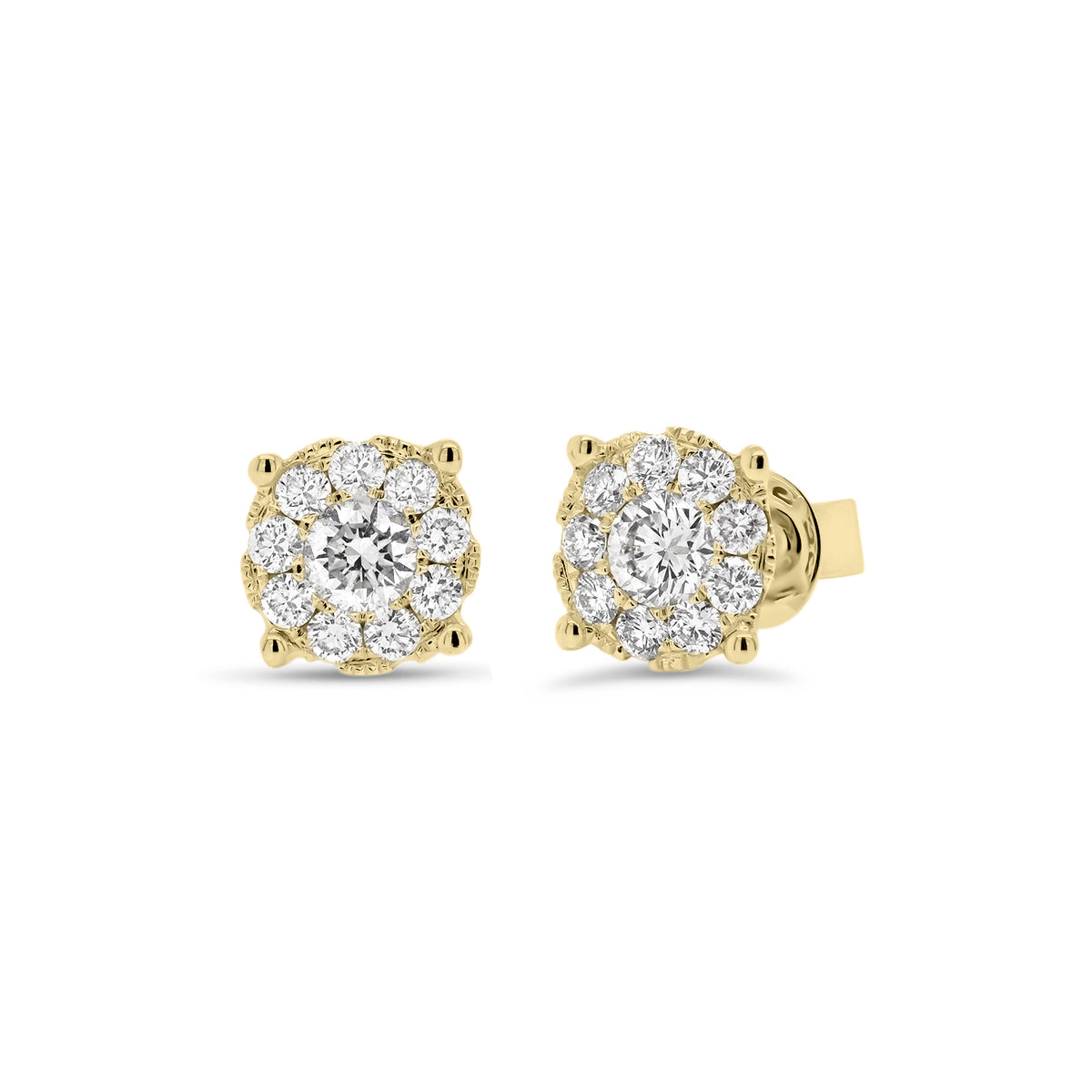 0.78 ct diamond cluster earrings - 18K gold weighing 1.69 grams  - 2 round diamonds totaling 0.38 carats  - 18 round diamonds totaling 0.40 carats