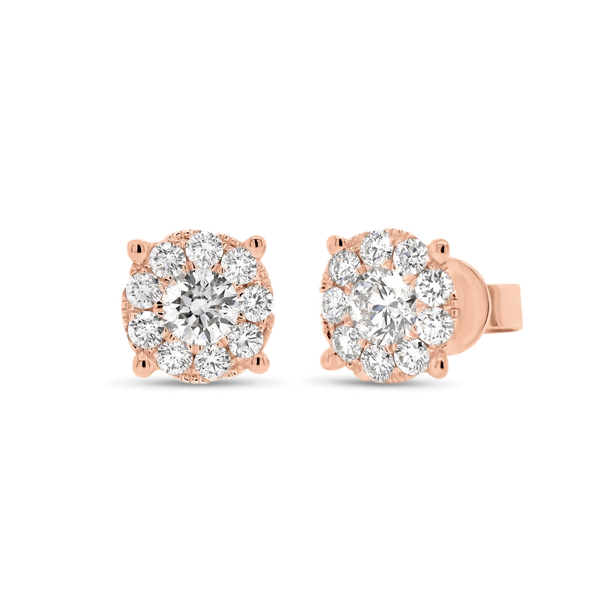 1.02 ct round diamond cluster earrings - 18K gold weighing 1.88 grams - 2 round diamonds totaling 0.51 carats - 18 round diamonds totaling 0.51 carats