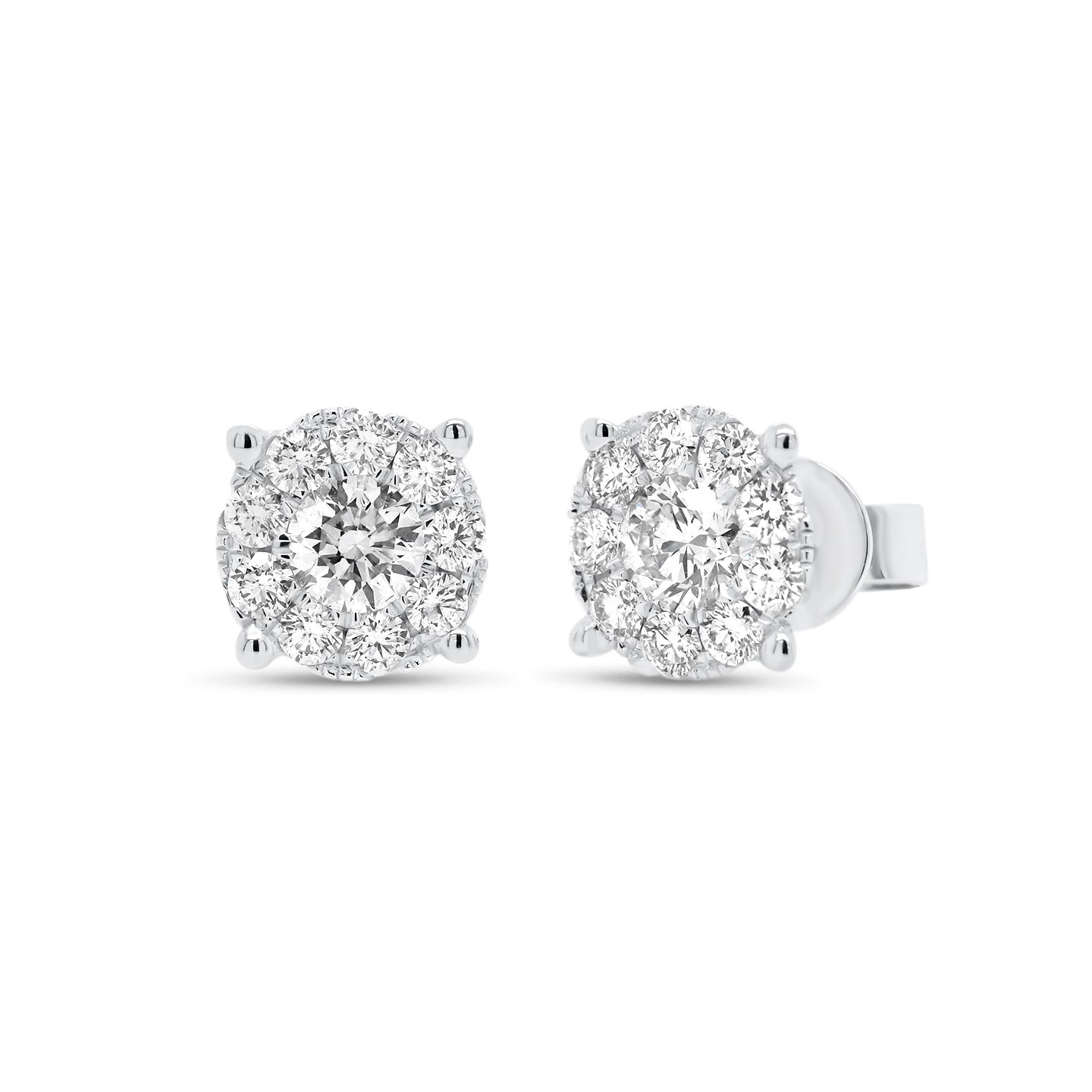 1.02 ct round diamond cluster earrings - 18K gold weighing 1.88 grams  - 2 round diamonds totaling 0.51 carats  - 18 round diamonds totaling 0.51 carats