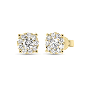1.02 ct round diamond cluster earrings - 18K gold weighing 1.88 grams - 2 round diamonds totaling 0.51 carats - 18 round diamonds totaling 0.51 carats