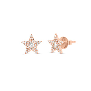 Round Diamond Star Stud Earrings - 14K rose gold weighing 1.00 grams - 52 round diamonds totaling 0.22 carats