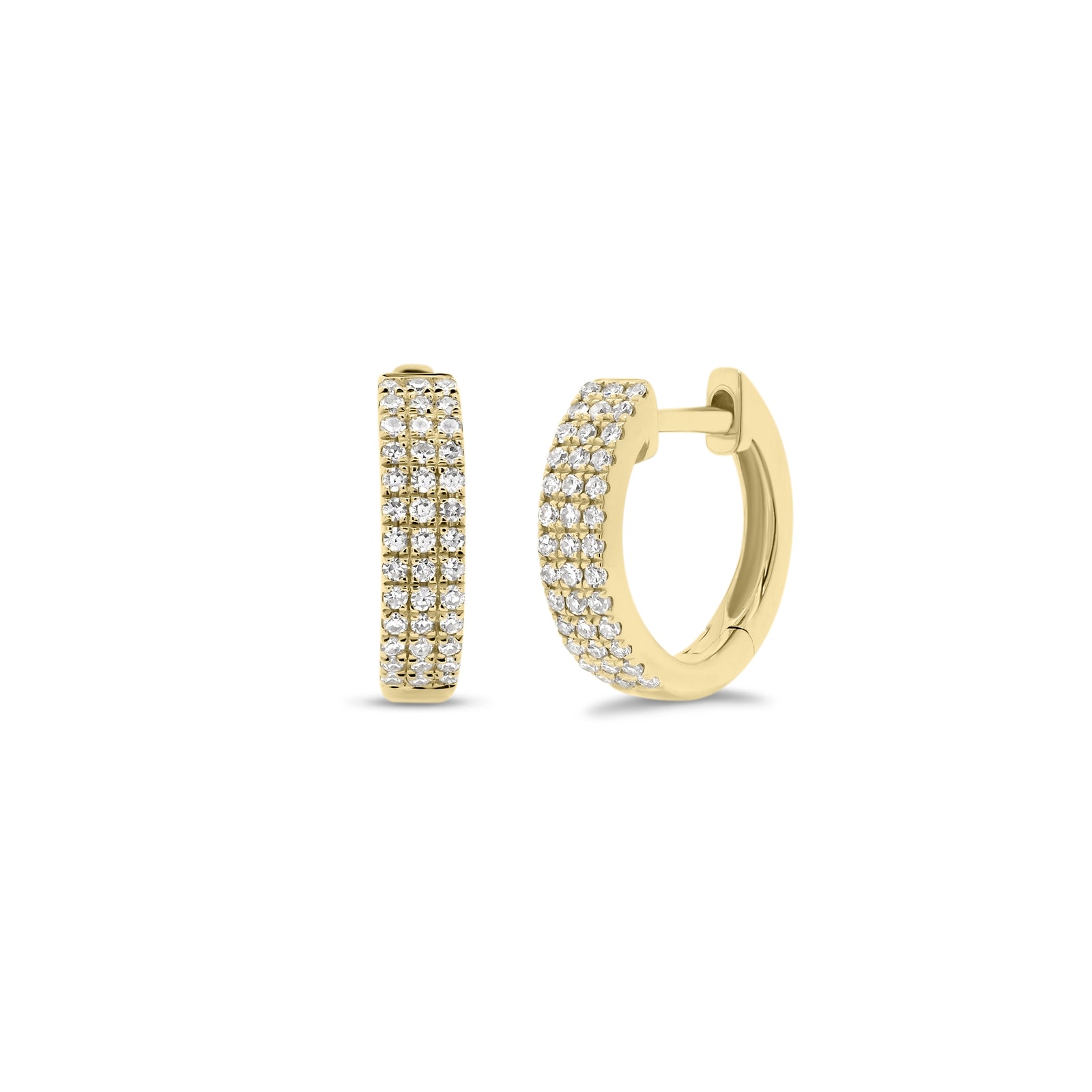 Diamond triple row huggie earrings - 14K gold weighing 1.78 grams  - 78 round diamonds totaling 0.21 carats
