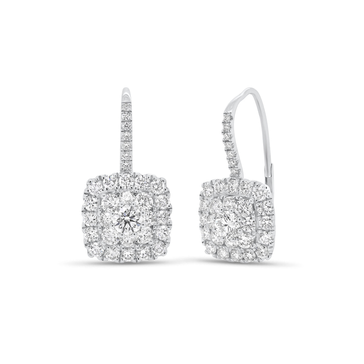 Diamond Cushion Lever-Back Earrings  - 18K gold weighing 4.75 grams  - 62 round diamonds totaling 1.77 carats  - 2 round diamonds totaling 0.47 carats