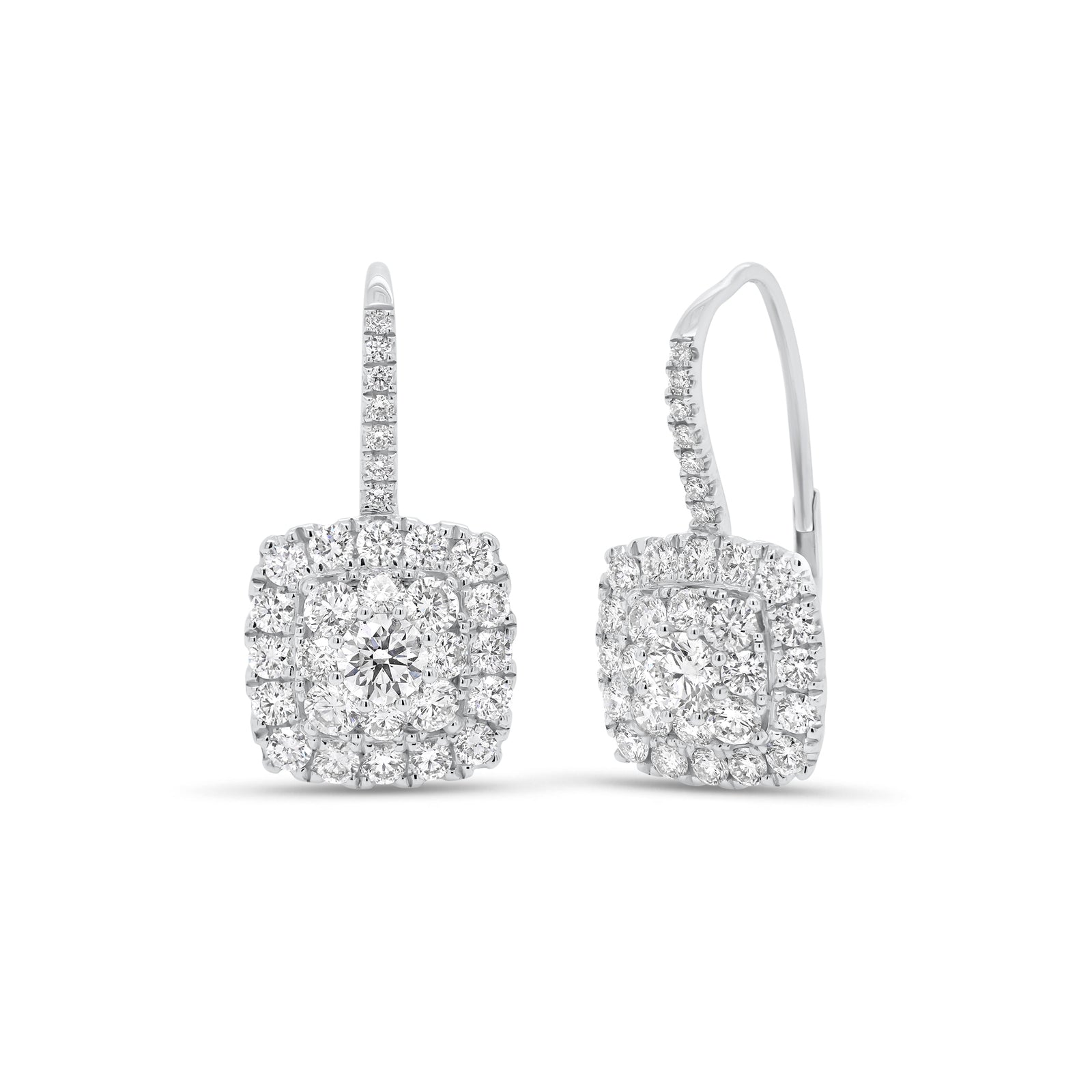 Diamond Cushion Lever-Back Earrings  - 18K gold weighing 4.75 grams  - 62 round diamonds totaling 1.77 carats  - 2 round diamonds totaling 0.47 carats