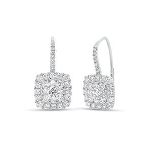 Diamond Cushion Lever-Back Earrings  - 18K gold weighing 4.75 grams  - 62 round diamonds totaling 1.77 carats  - 2 round diamonds totaling 0.47 carats