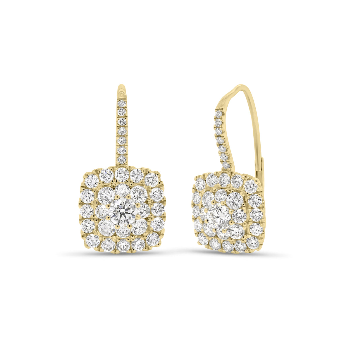 Diamond Cushion Lever-Back Earrings  - 18K gold weighing 4.75 grams  - 62 round diamonds totaling 1.77 carats  - 2 round diamonds totaling 0.47 carats